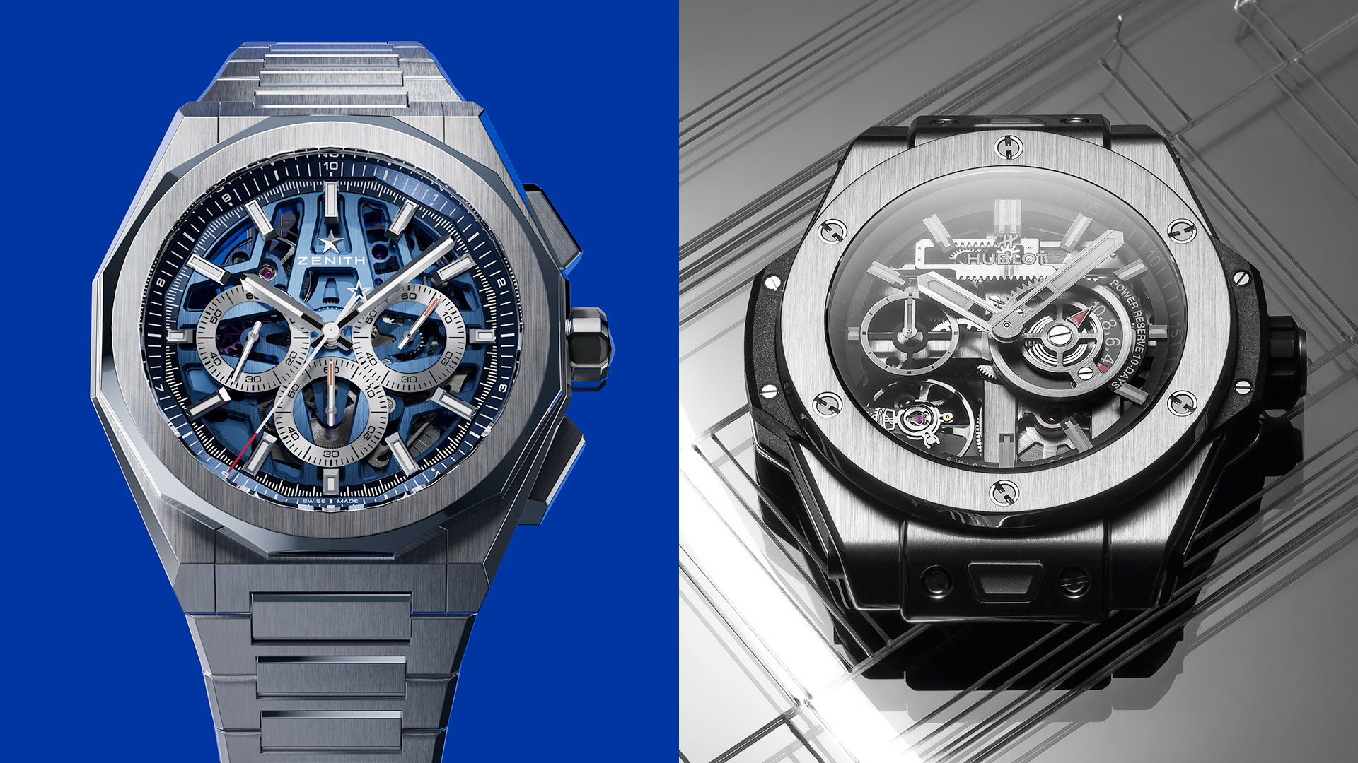 Zenith Defy Skyline Skeleton Chronograph and Hublot Big Bang Meca 10 showcased at LVMH Watch Week, featuring intricate skeleton dials and bold designs.